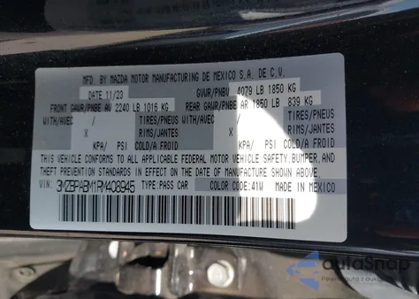 2024 Mazda Mazda3 2.5 S Select Sport z USA, uszkodzony, nr VIN 3MZBPABM1RM408945